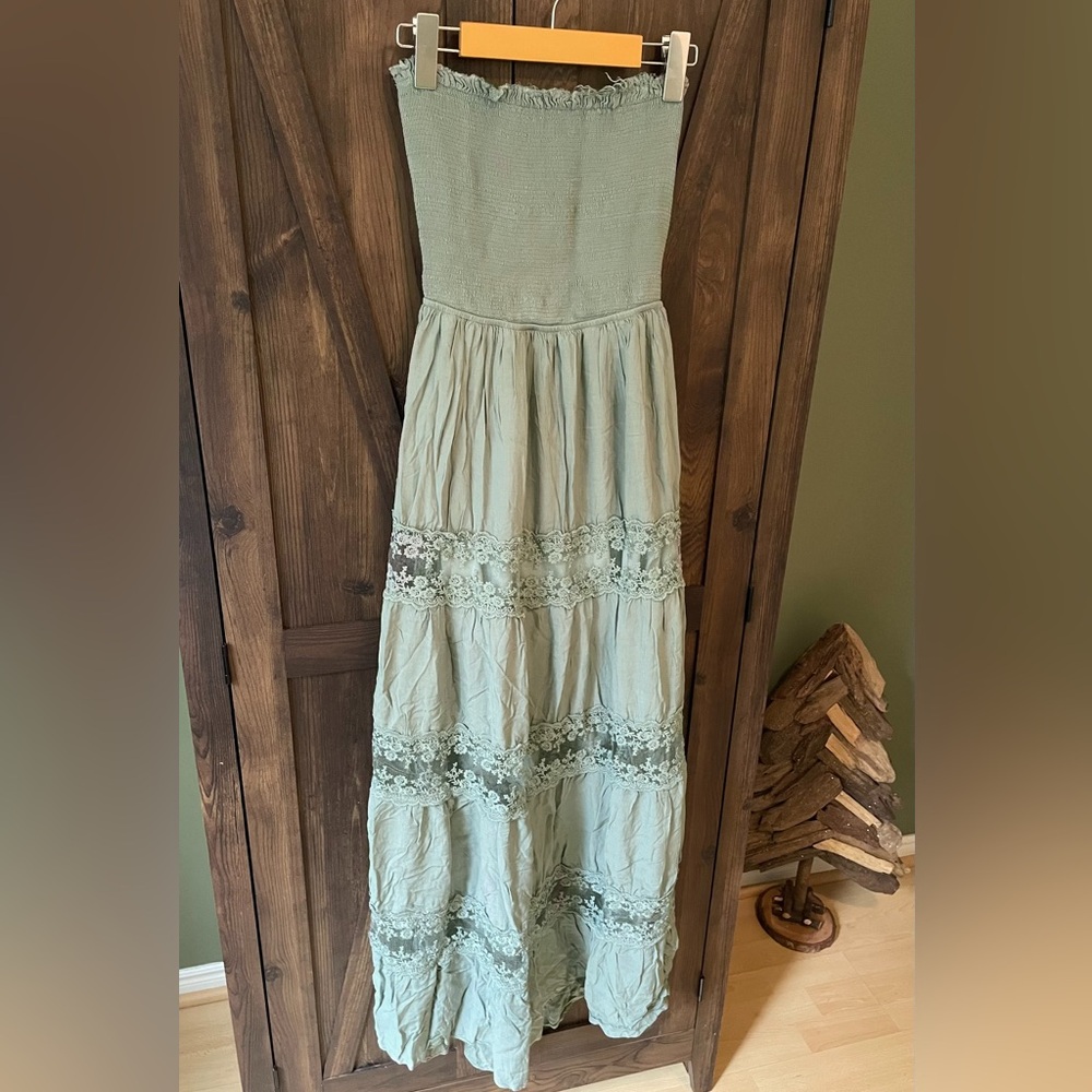 Strapless Sage Green Maxi Dress Lace Detailing